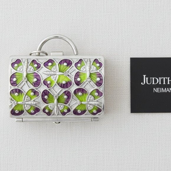 Judith Lieber Neiman Marcus Enamel Butterfly Crystals Pill Box keychain suitcase - Picture 1 of 7